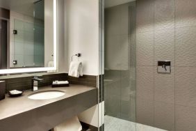 Private guest bathroom with shower at The Rose Hotel Chicago O’Hare, Tapestry Collection By Hilton.