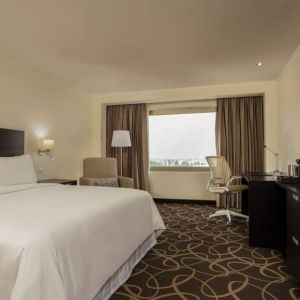 Delux king bed with TV and business desk at Doubletree By Hilton Toluca.