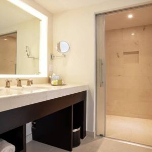 Private guest bathroom with shower at Doubletree By Hilton Toluca.