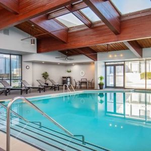 Lovely indoor pool with deck chairs at DoubleTree By Hilton Washington DC North/Gaithersburg.