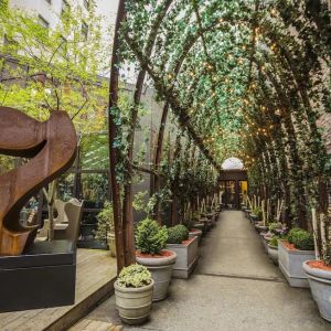 Vine covered trellis entryway leading to the lobby of the Nomo Soho in New York City.