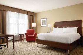 Spacious delux king bed with TV and work desk at Hilton Garden Inn Boston Logan Airport.