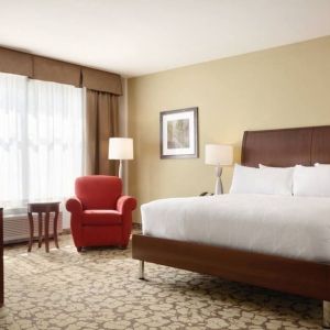 Spacious delux king bed with TV and work desk at Hilton Garden Inn Boston Logan Airport.