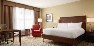 Spacious delux king bed with TV and work desk at Hilton Garden Inn Boston Logan Airport.