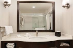 Private guest bathroom with shower at Hilton Garden Inn Boston Logan Airport.