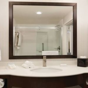 Private guest bathroom with shower at Hilton Garden Inn Boston Logan Airport.