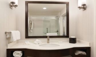 Private guest bathroom with shower at Hilton Garden Inn Boston Logan Airport.