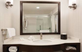 Private guest bathroom with shower at Hilton Garden Inn Boston Logan Airport.