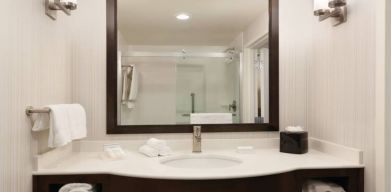 Private guest bathroom with shower at Hilton Garden Inn Boston Logan Airport.