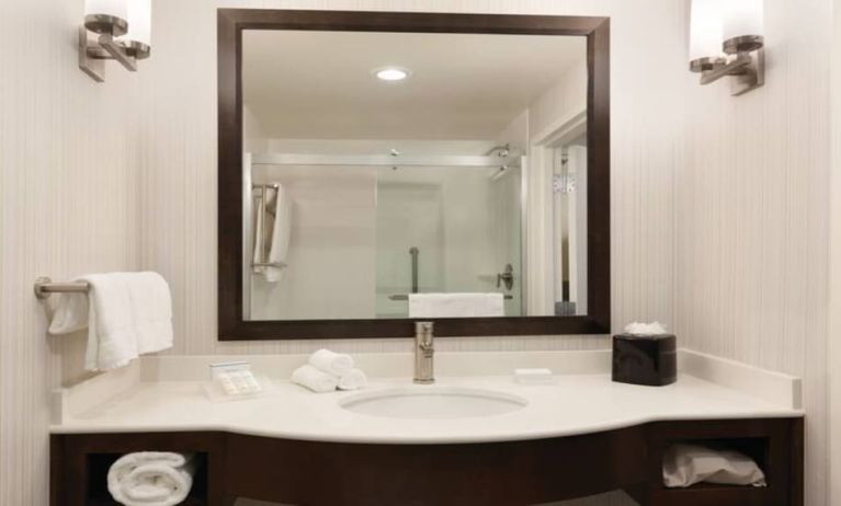 Private guest bathroom with shower at Hilton Garden Inn Boston Logan Airport.