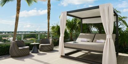 Relaxing cabanas available by the pool at The Altair Hotel Bay Harbor.