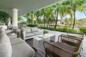 Comfortable outdoor lounge and coworking space at The Altair Hotel Bay Harbor.