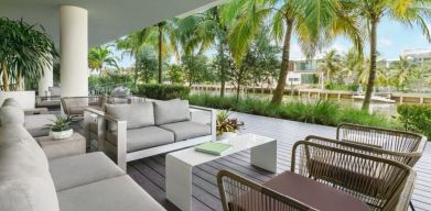 Comfortable outdoor lounge and coworking space at The Altair Hotel Bay Harbor.