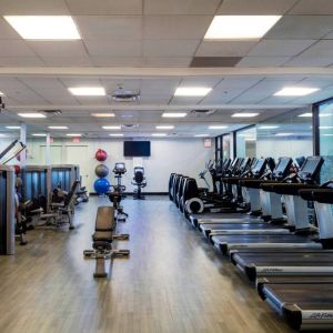 Fully-equipped fitness center at Boston Marriott Newton.