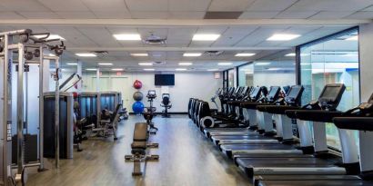 Fully-equipped fitness center at Boston Marriott Newton.