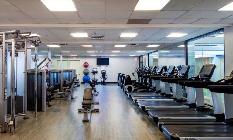 Fully-equipped fitness center at Boston Marriott Newton.