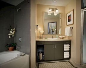 Private guest bathroom with bath and shower at Magnolia Dallas.