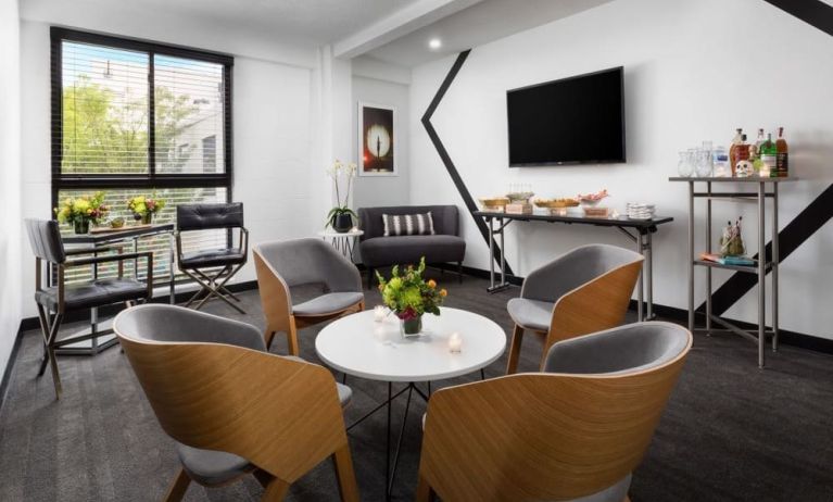 Comfortable lobby and coworking space at Hotel Studio Allston.