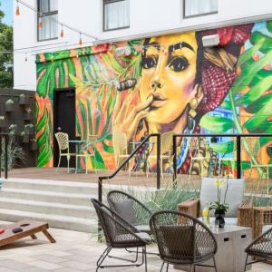 Outdoor patio and coworking space at Hotel Studio Allston.