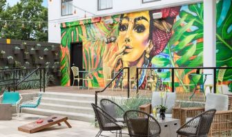 Outdoor patio and coworking space at Hotel Studio Allston.