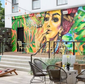 Outdoor patio and coworking space at Hotel Studio Allston.