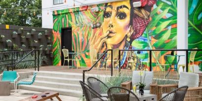 Outdoor patio and coworking space at Hotel Studio Allston.