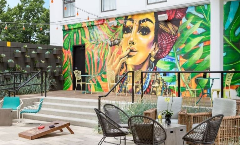 Outdoor patio and coworking space at Hotel Studio Allston.