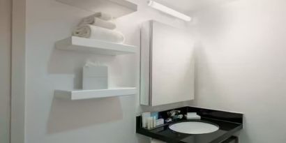 Private and clean guest bathroom at Hampton Inn Manhattan Chelsea.