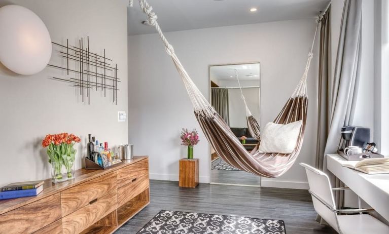 Relaxing day room with hammock and chilled-out workspace at Nu Hotel - Brooklyn.