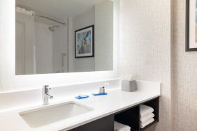 Guest bathroom with shower at Holiday Inn Express & Suites Boston-Cambridge.