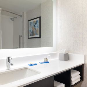 Guest bathroom with shower at Holiday Inn Express & Suites Boston-Cambridge.