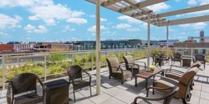 Rooftop terrace and coworking space at Hilton Garden Inn Washington DC / Georgetown Area.