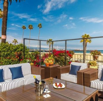 Lovely outdoor lounge area ideal for coworking at Hotel Milo Santa Barbara.