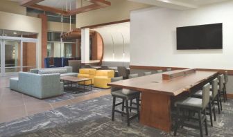 Lobby and coworking lounge at Hyatt Place Portland Airport At Cascade Station.