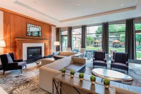 Lounge and coworking space at Courtyard By Marriott Boston Brookline.