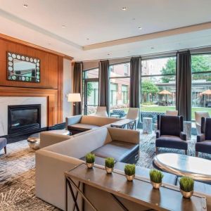 Lounge and coworking space at Courtyard By Marriott Boston Brookline.