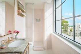 Guest bathroom with shower at The Goodtime Hotel.