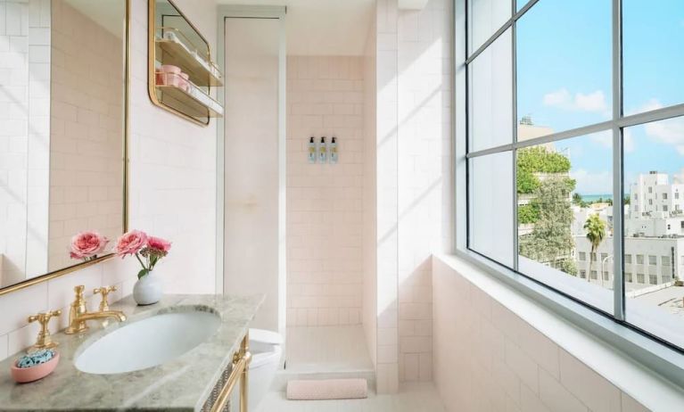 Guest bathroom with shower at The Goodtime Hotel.