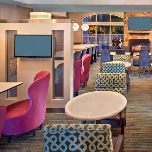 Dining and coworking space at Residence Inn Boston Tewksbury.
