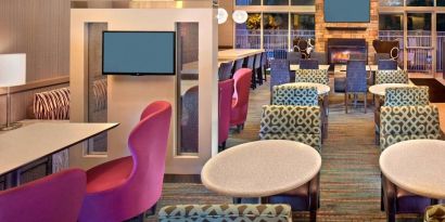 Dining and coworking space at Residence Inn Boston Tewksbury.
