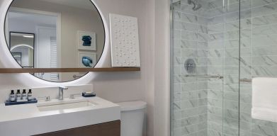 Private guest bathroom with shower at Hyatt Regency Boston Harbor - Logan Airport.