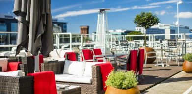 Stunning rooftop terrace ideal for coworking at Hilton Garden Inn Glasgow City Centre.