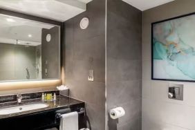 Private guest bathroom with shower at Hilton Garden Inn London Heathrow Terminals 2 And 3.