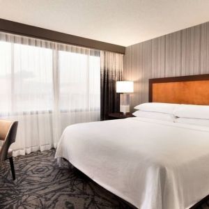 Delux king room with TV and work desk at Embassy Suites By Hilton Santa Clara Silicon Valley.