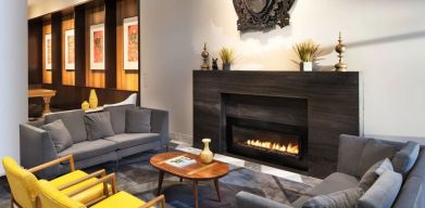 Lobby and coworking space with fire place at Le Méridien Columbus, The Joseph.