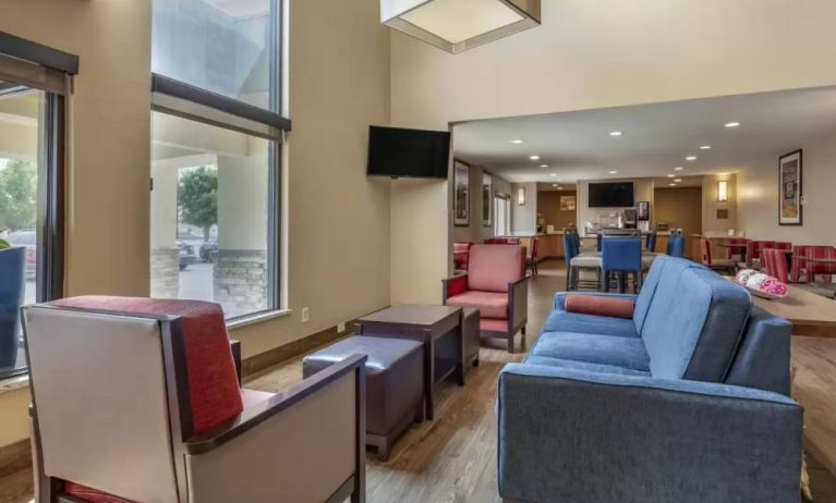 Lobby and coworking lounge at Comfort Inn & Suites Albuquerque Downtown.