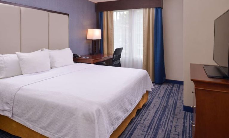 King bed with TV and natural light at Homewood Suites By Hilton Dallas-Lewisville.