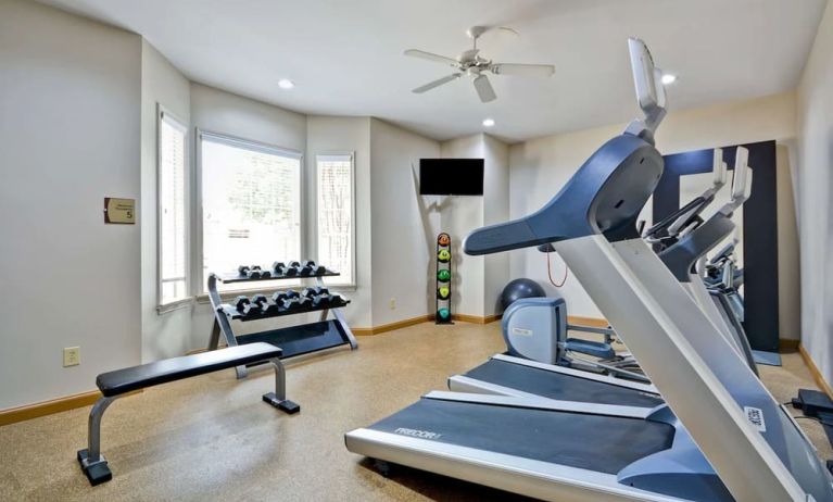 Well equipped fitness center at Homewood Suites By Hilton Dallas-Lewisville.