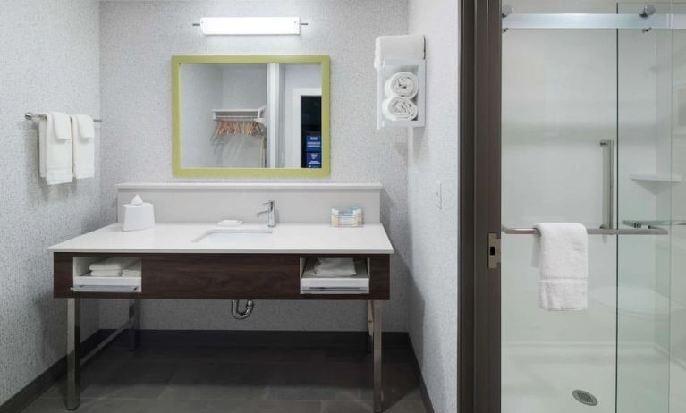 Private guest bathroom with shower at Hampton Inn & Suites Cape Canaveral Cruise Port.