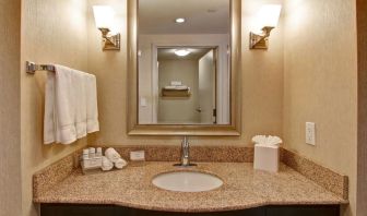 Guest bathroom with shower at Homewood Suites By Hilton Burlington.